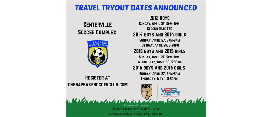 TRAVEL TEAM TRYOUT DATES ANNOUNCED!